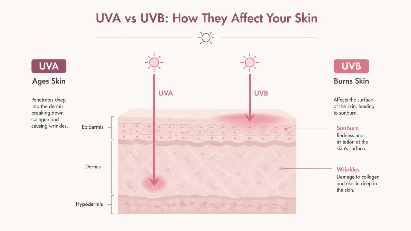 Simple graphic showing UV ray types UVA and UVB and their skin penetration depth