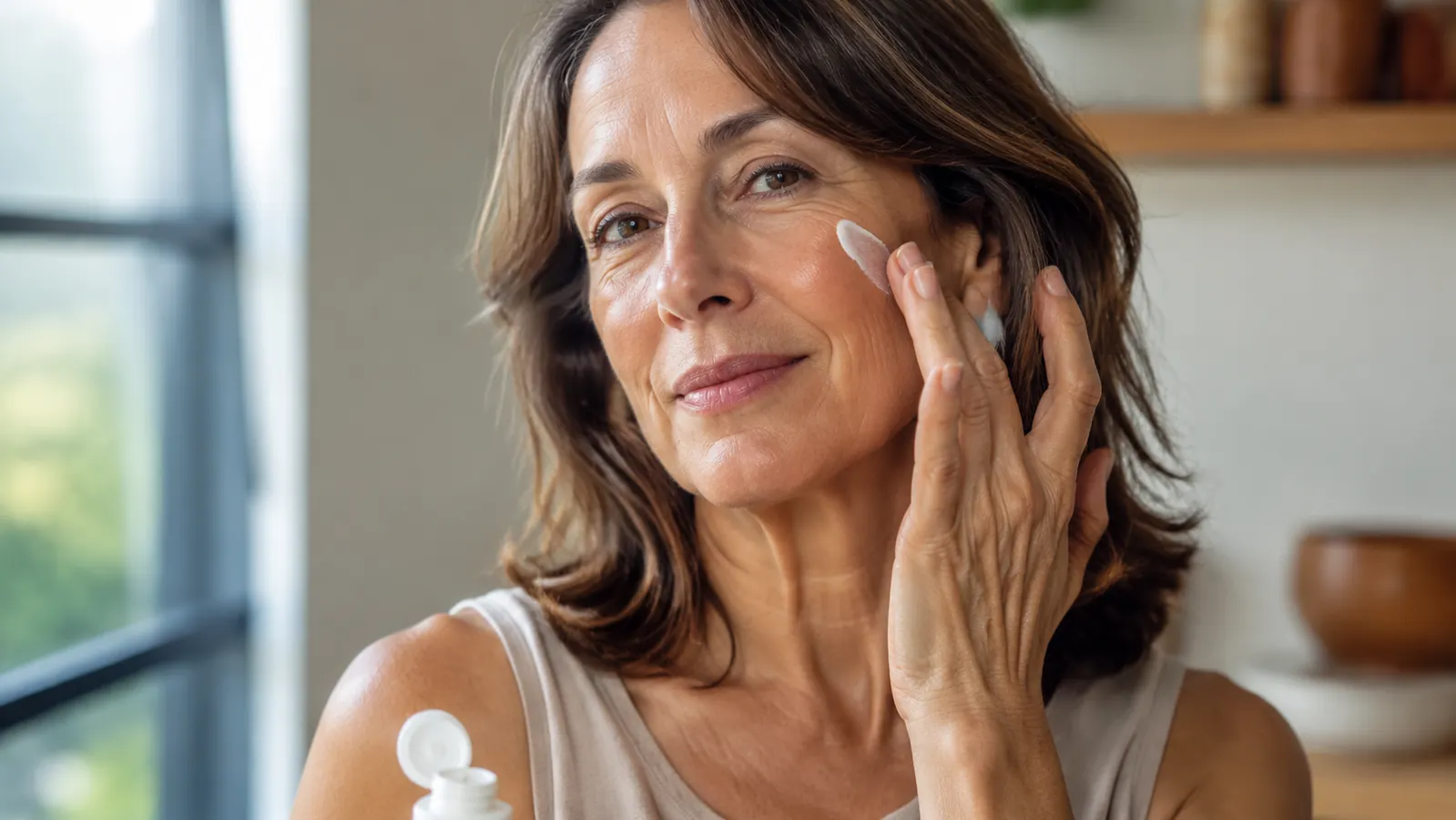 Woman in her 50s applying sunscreen to her face in morning light by a window