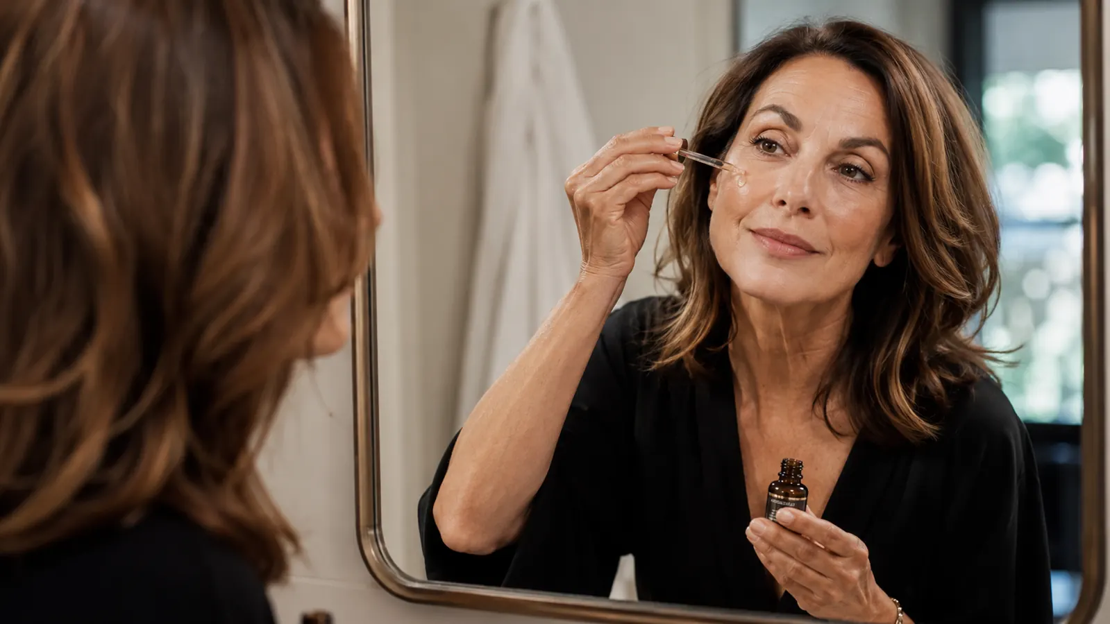Woman applying serum to clean, glowing skin after using a facial cleansing brush, bathroom mirror reflection visible