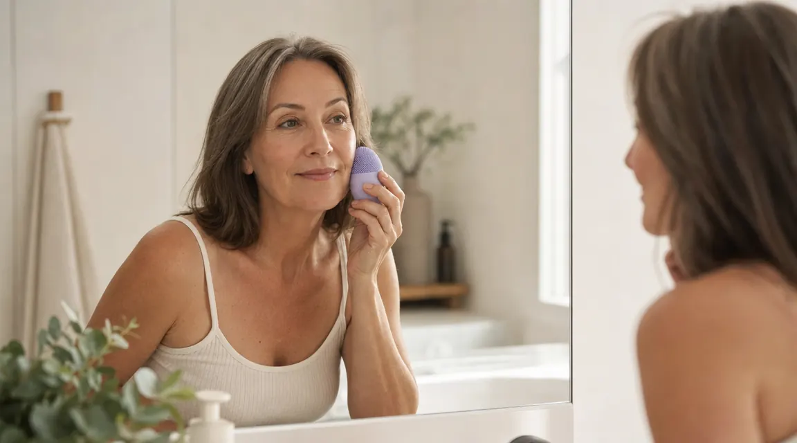 Woman using an electric silicone facial cleansing brush in a bright bathroom, soft morning light on her skin