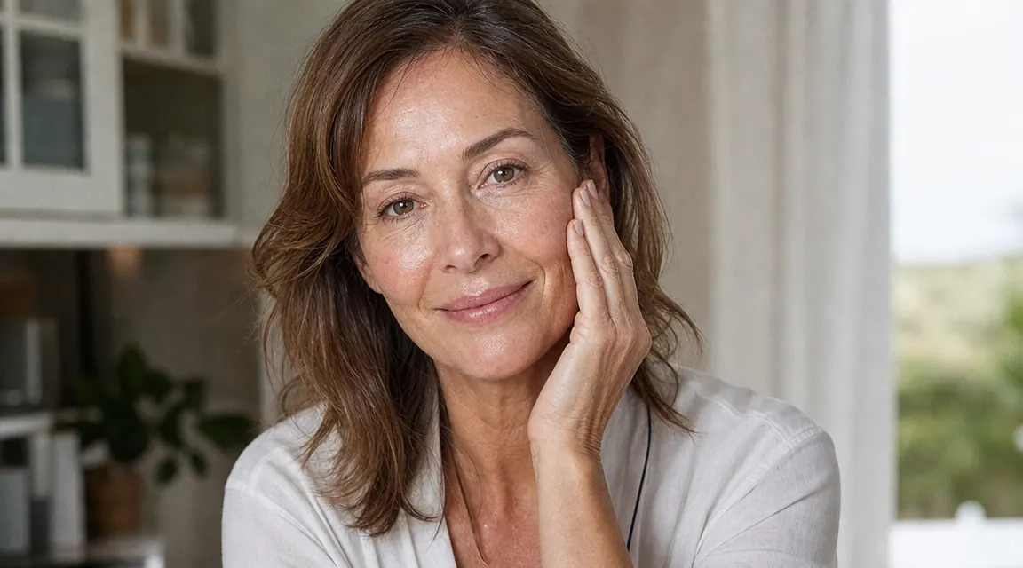 Woman in her 50s pressing fingertips to her cheek, soft morning light, dewy skin