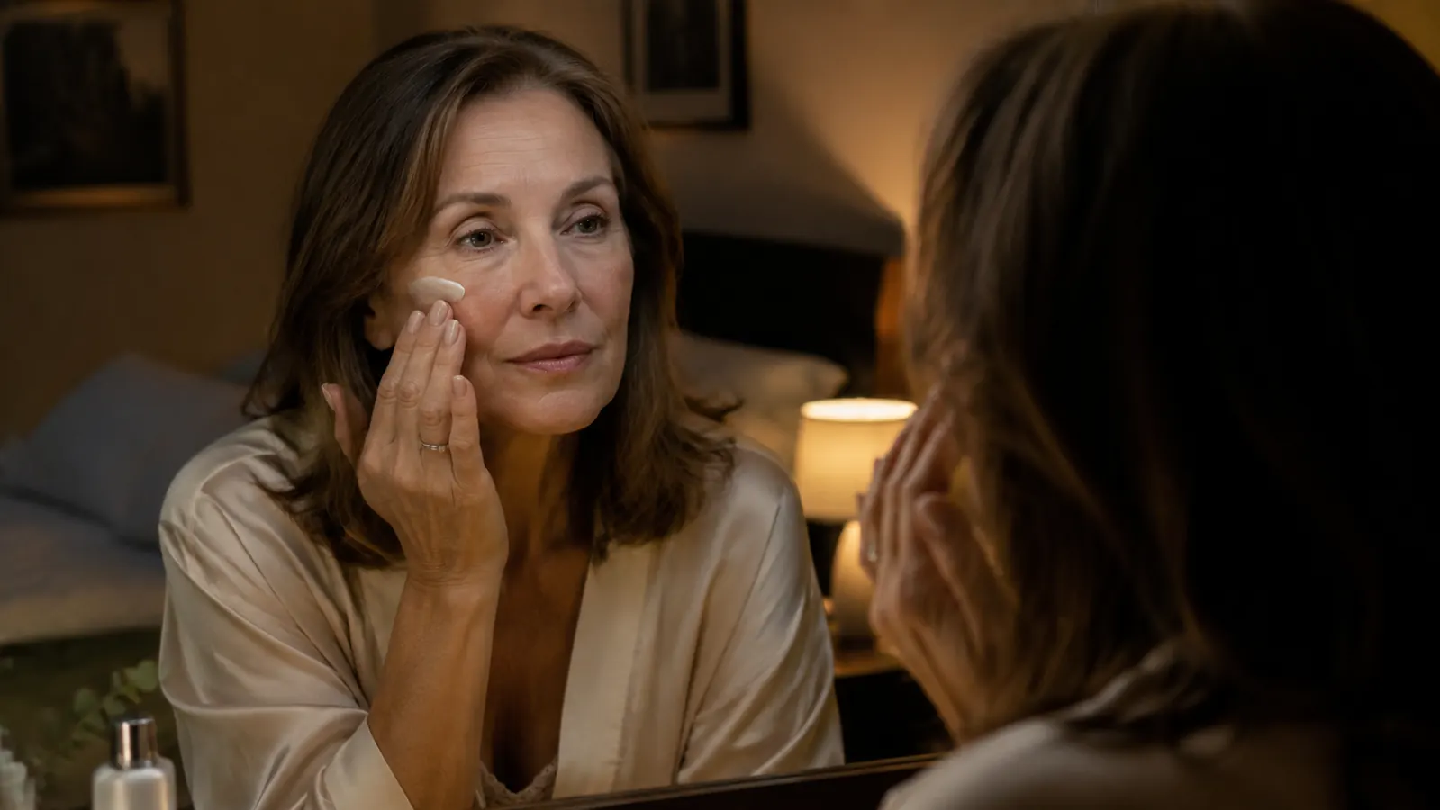Woman applying night cream at her vanity before bed, warm amber lamp light