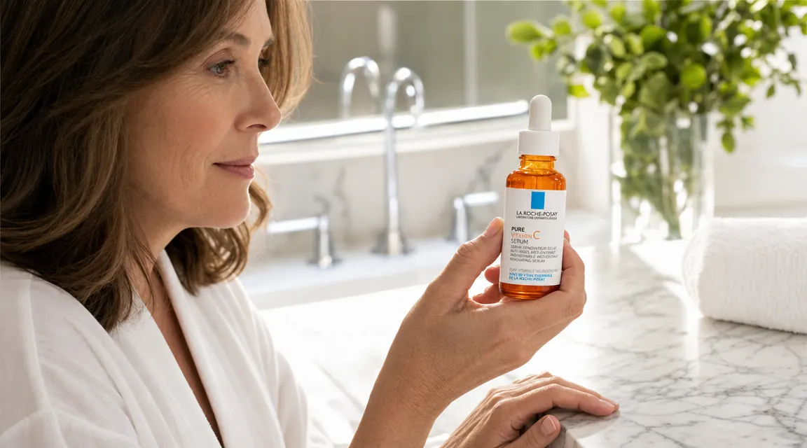 La Roche-Posay Pure 12% Vitamin C Serum bottle held in a woman's hand over a white bathroom counter