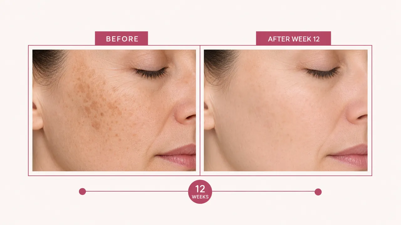 Before-and-after graphic showing reduced dark spots on a woman's cheek after consistent vitamin C use