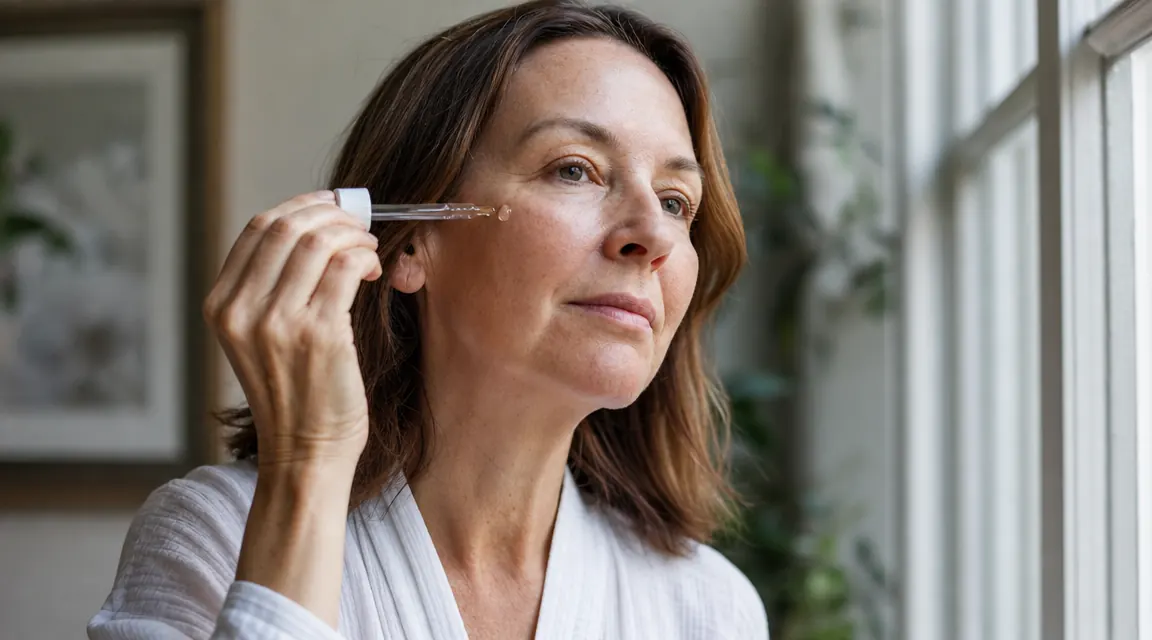 Woman in her 50s applying serum to her face in morning sunlight near a bright bathroom window