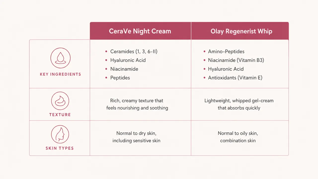 Comparison chart showing key ingredients and properties of CeraVe versus Olay night creams