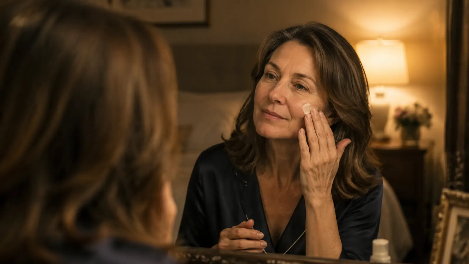 Woman with healthy, moisturized skin applying night cream before bed