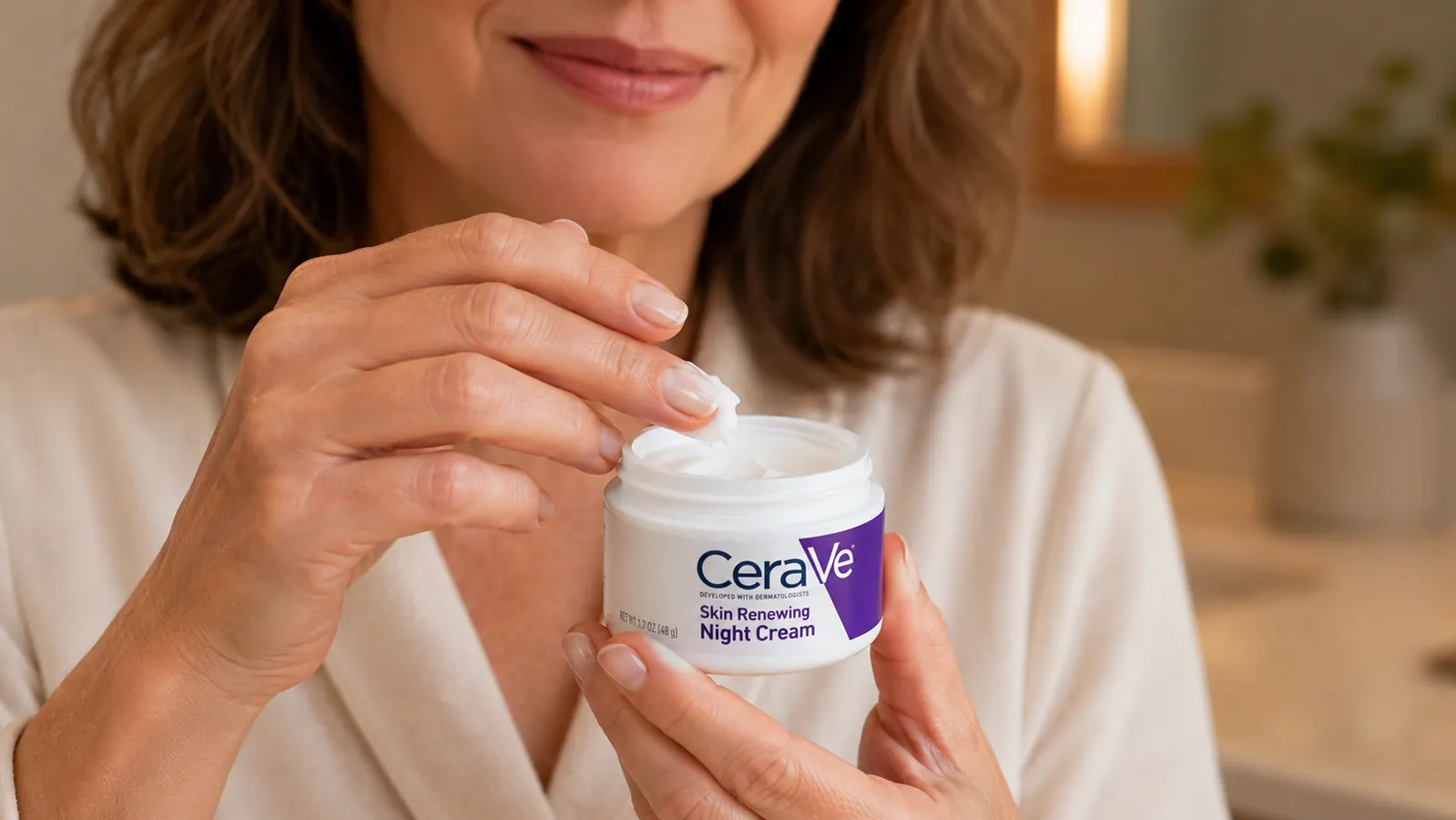 Hand scooping a small amount of night cream from the open CeraVe jar with fingertip