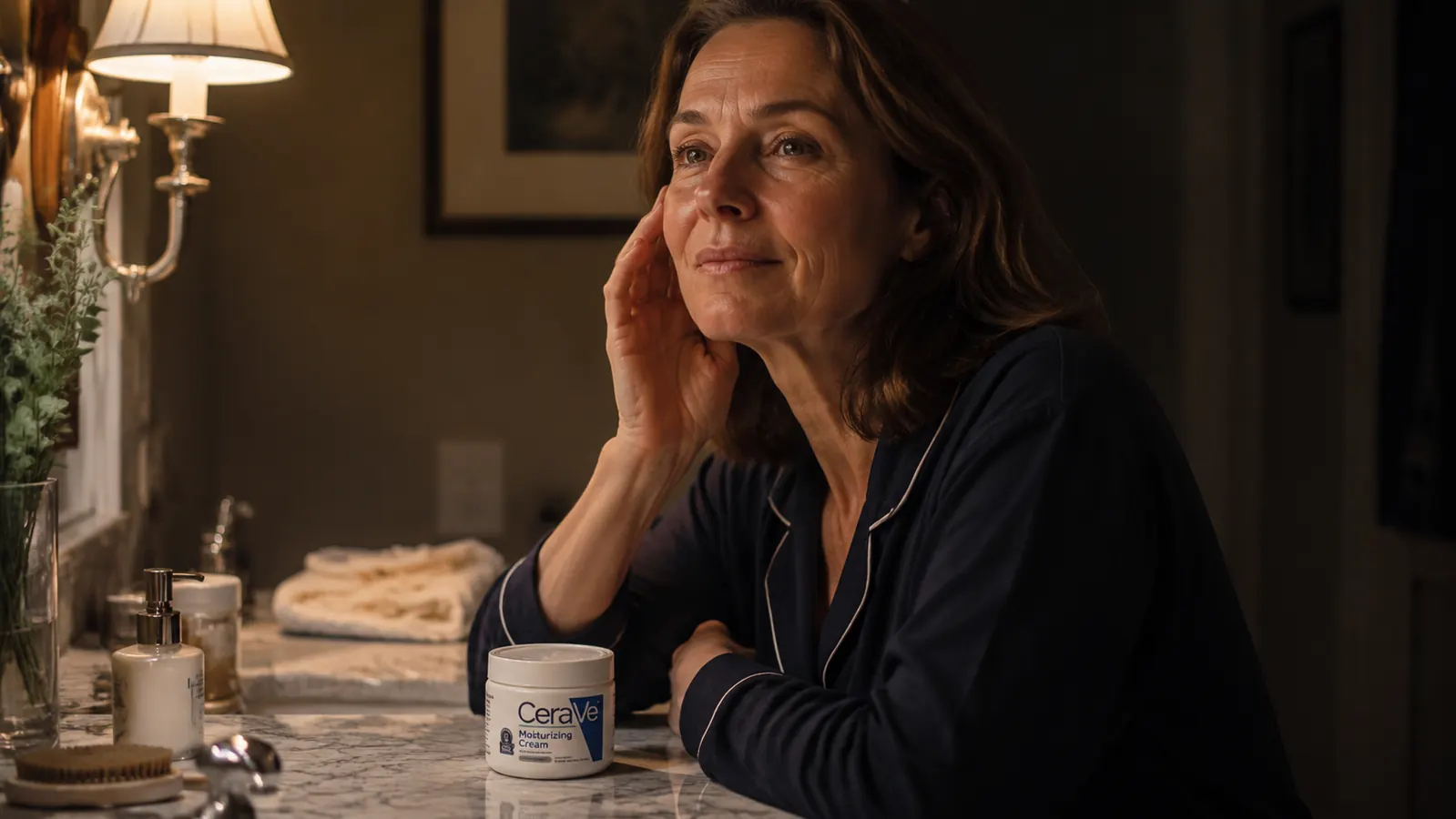 CeraVe Skin Renewing Night Cream jar on a bathroom vanity with soft warm lighting at night
