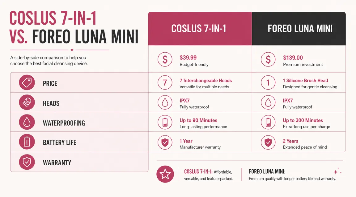 Price and feature comparison chart showing COSLUS versus FOREO Luna Mini specs side by side