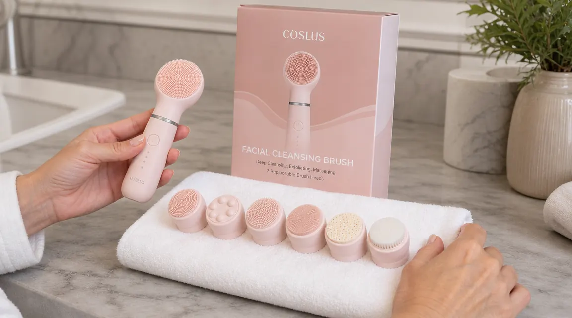 COSLUS cleansing brush seven attachment heads laid out in a row on a white cotton towel
