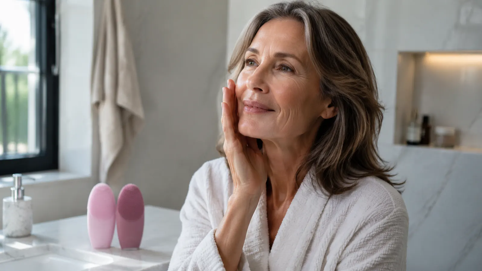 Two silicone facial cleansing brushes side by side on a marble bathroom countertop, morning light