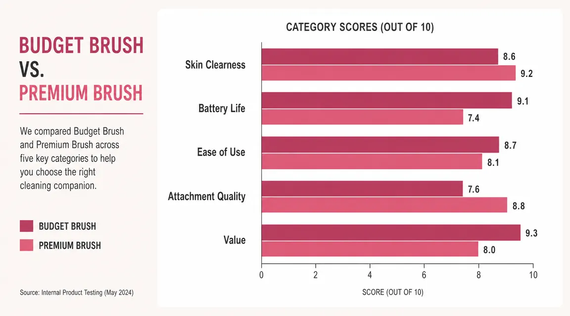 Comparison chart rating the COSLUS brush across five performance categories versus a higher-priced silicone cleansing tool