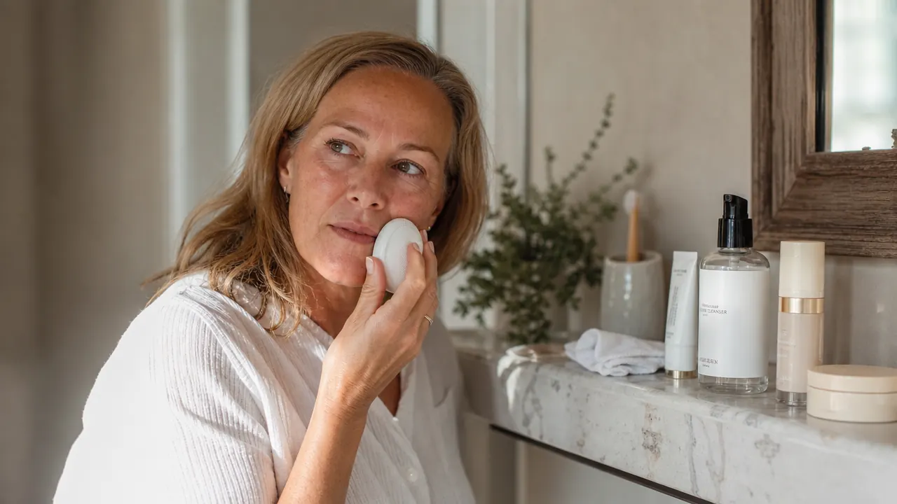 COSLUS facial cleansing brush on a bathroom shelf beside cleanser and moisturizer bottles, soft morning light