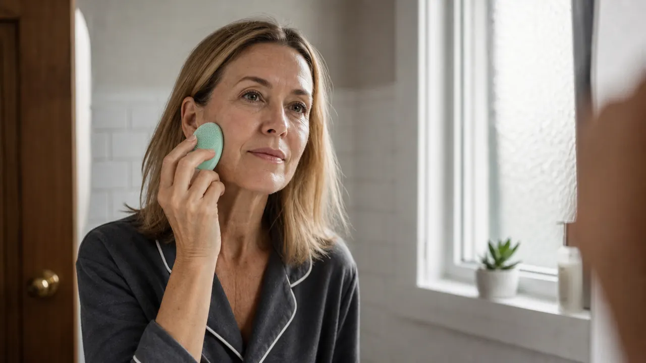 Woman cleansing her face with a silicone electric facial brush at a bathroom sink, soft morning light