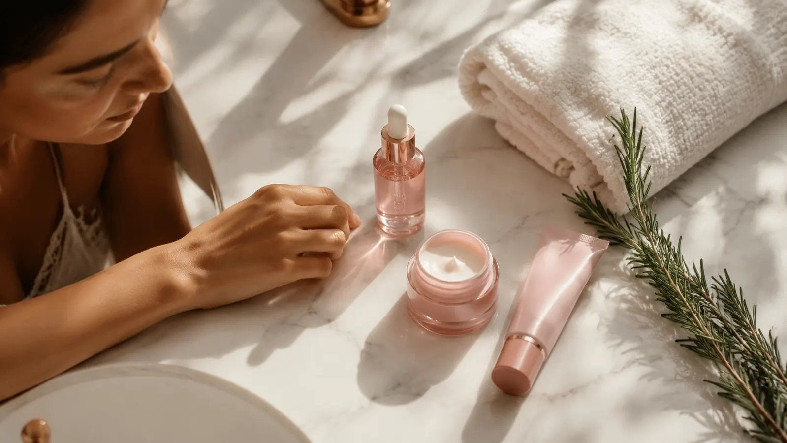 A morning skincare moment at a sunlit bathroom counter, real-skin texture, warm cream and coral tones