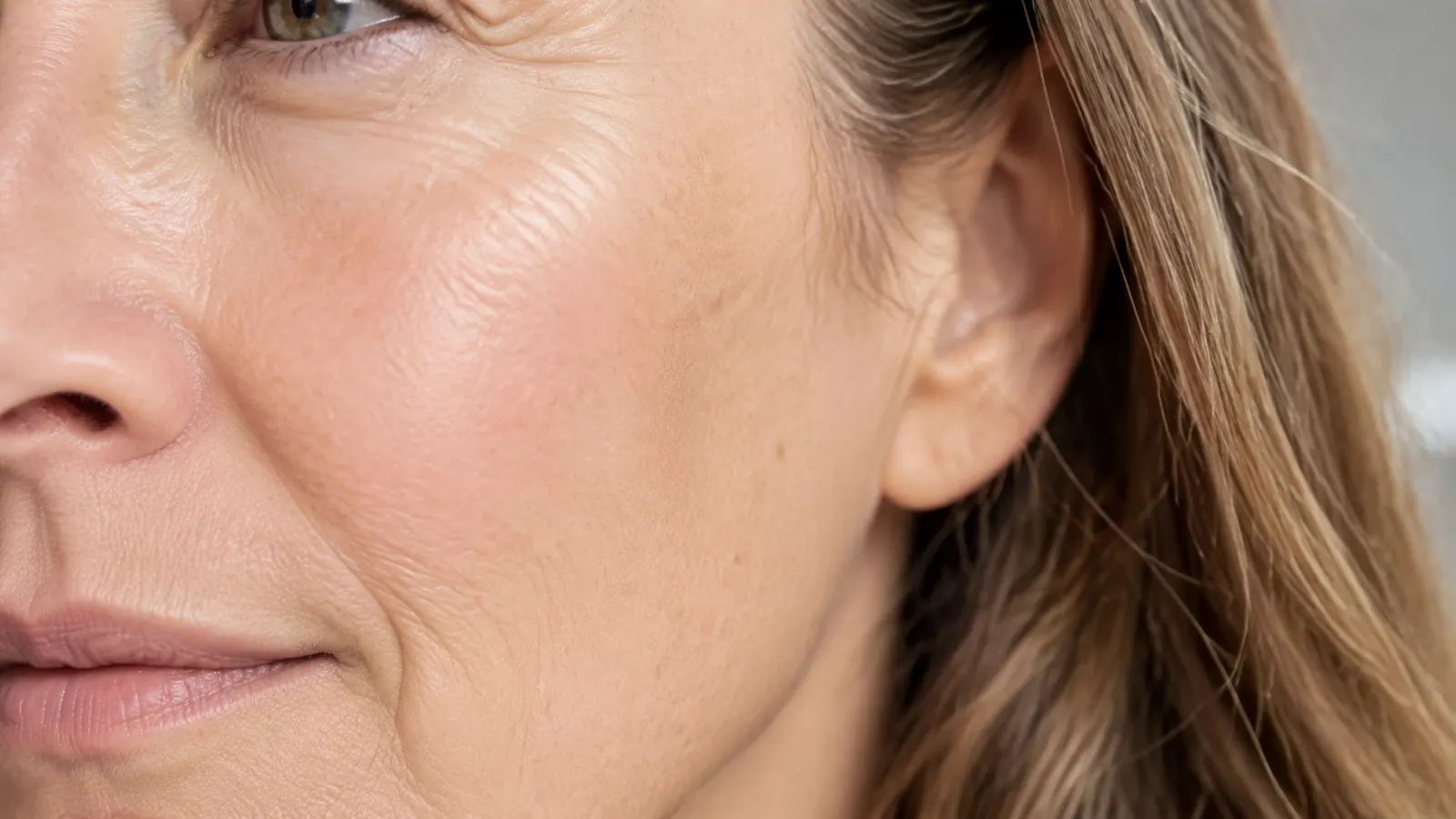 Close-up of a woman's cheek with visibly hydrated, plump skin, soft morning light