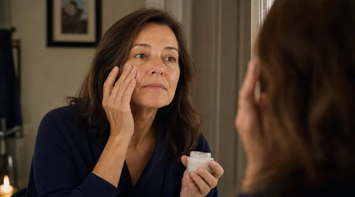 Woman applying night cream at her bathroom vanity, soft warm lamp light, relaxed evening routine
