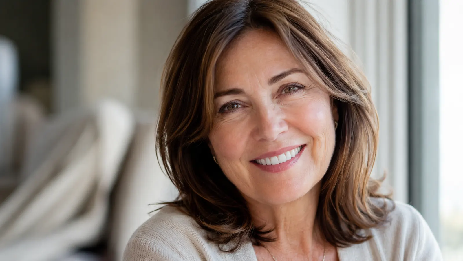 Woman smiling in natural light, clear and glowing skin, no makeup