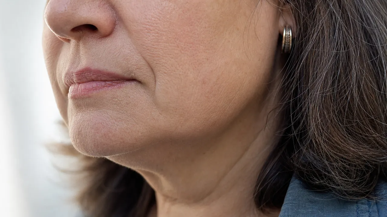 Close-up of a woman's cheek showing smooth, even-toned skin in bright natural light