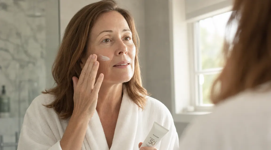 Woman applying sunscreen to her face in soft morning bathroom light