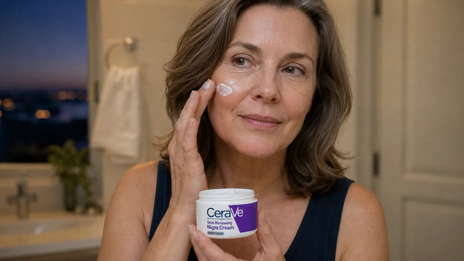 Close-up of hands applying a small amount of CeraVe night cream to clean skin
