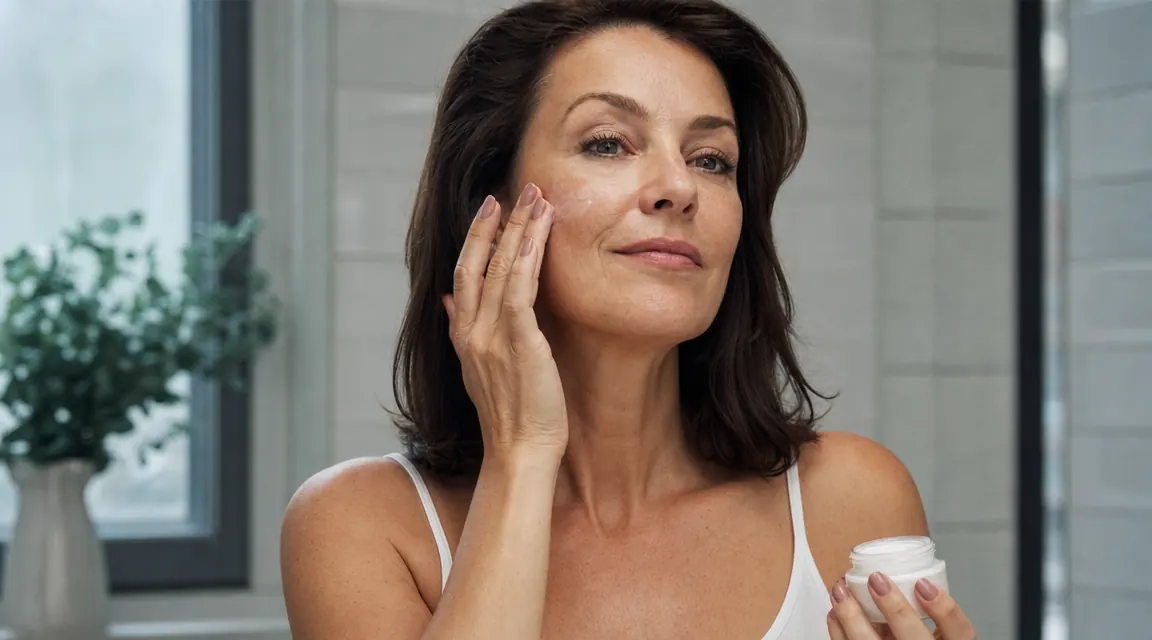 Woman with glowing, healthy skin applying moisturizer in a calm bathroom setting