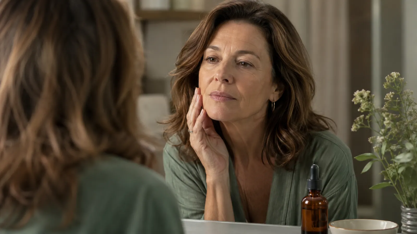 Woman in her 50s examining her complexion in a well-lit bathroom mirror, warm morning light, clean minimal counter with serum bottle visible