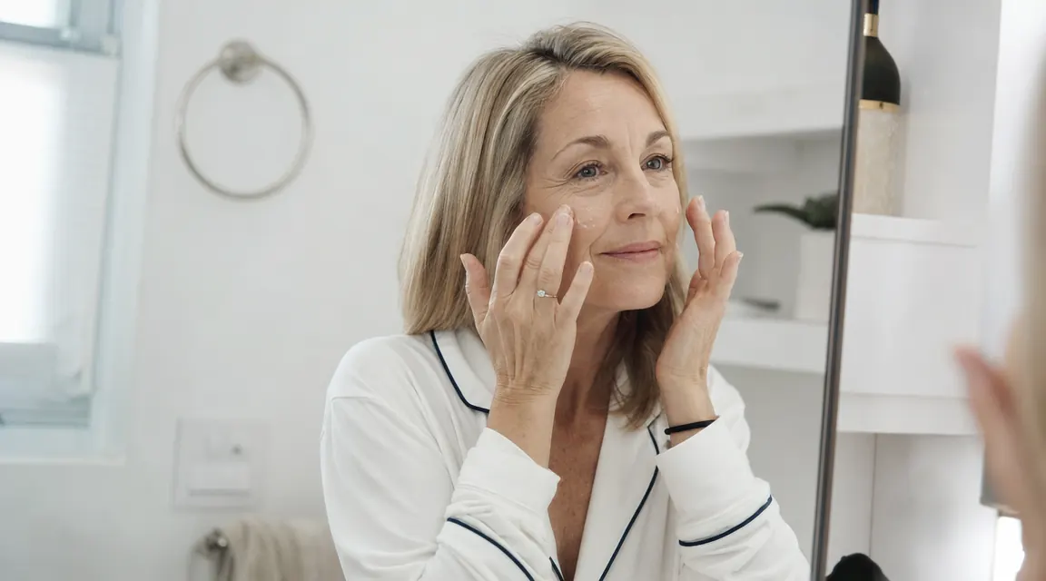 Woman pressing gel cream moisturizer into slightly damp skin at a bathroom mirror, morning light