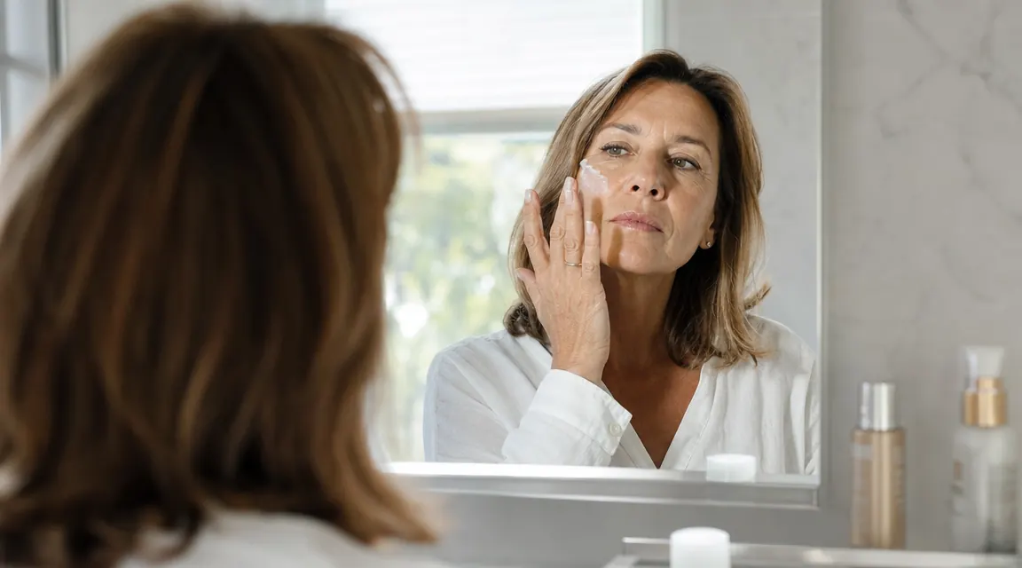 Woman in her 50s applying sunscreen at a bathroom vanity mirror, morning light, relaxed expression