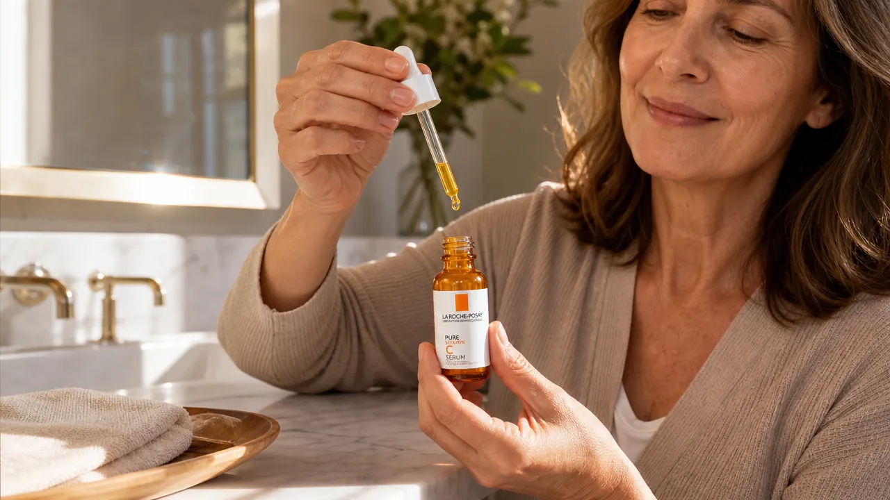 Close-up of the La Roche-Posay Pure 12% Vitamin C Serum bottle on a marble countertop with a dropper beside it
