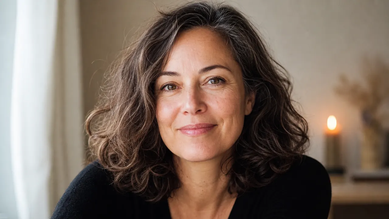 Woman with noticeably brighter, more even skin tone looking in the mirror with a small, satisfied smile