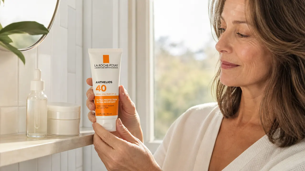 La Roche-Posay Anthelios SPF 40 tube resting on a bathroom shelf next to a moisturizer and serum, morning light, tidy everyday skincare setup