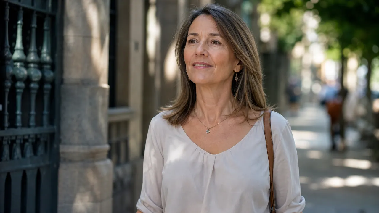 Woman walking outdoors in daylight wearing a light blouse, no hat, relaxed and confident expression
