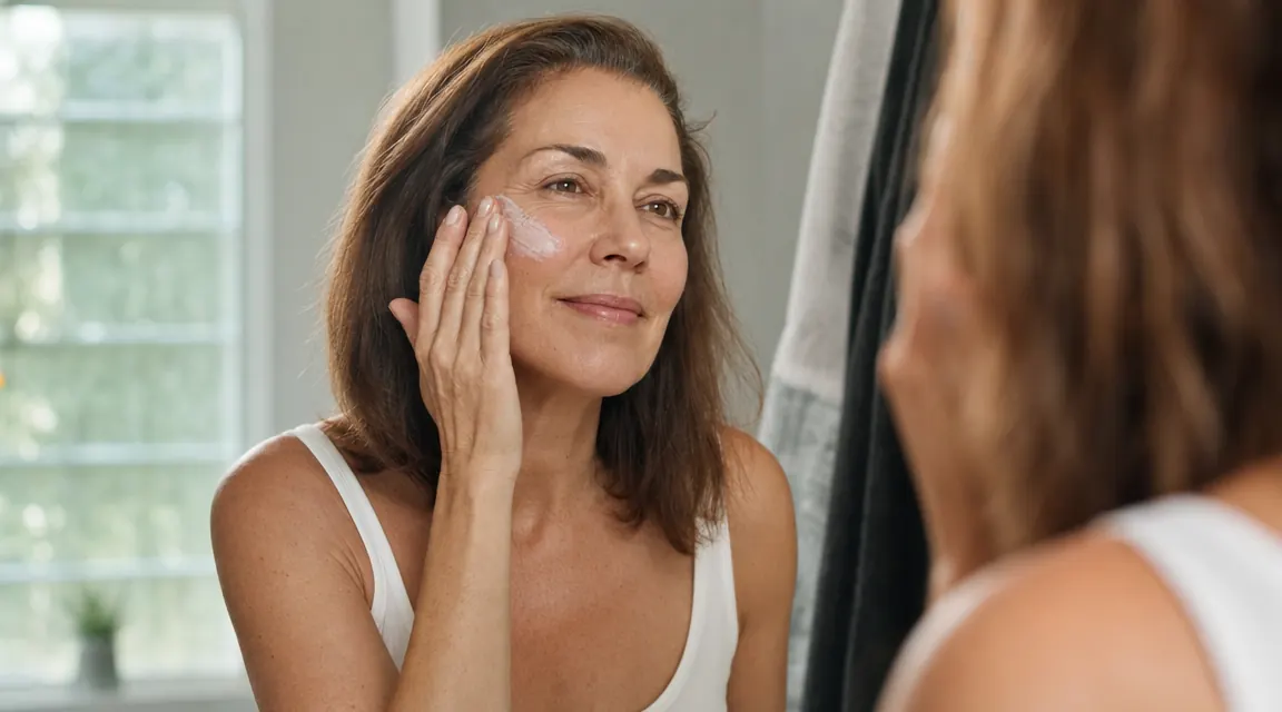 Woman in her mid-50s applying sunscreen on a bright morning by a window, soft natural light, calm and unhurried
