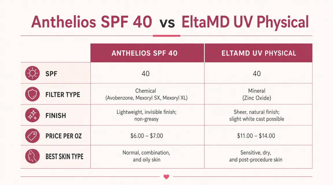Side-by-side comparison chart of La Roche-Posay Anthelios SPF 40 and EltaMD UV Physical key specs