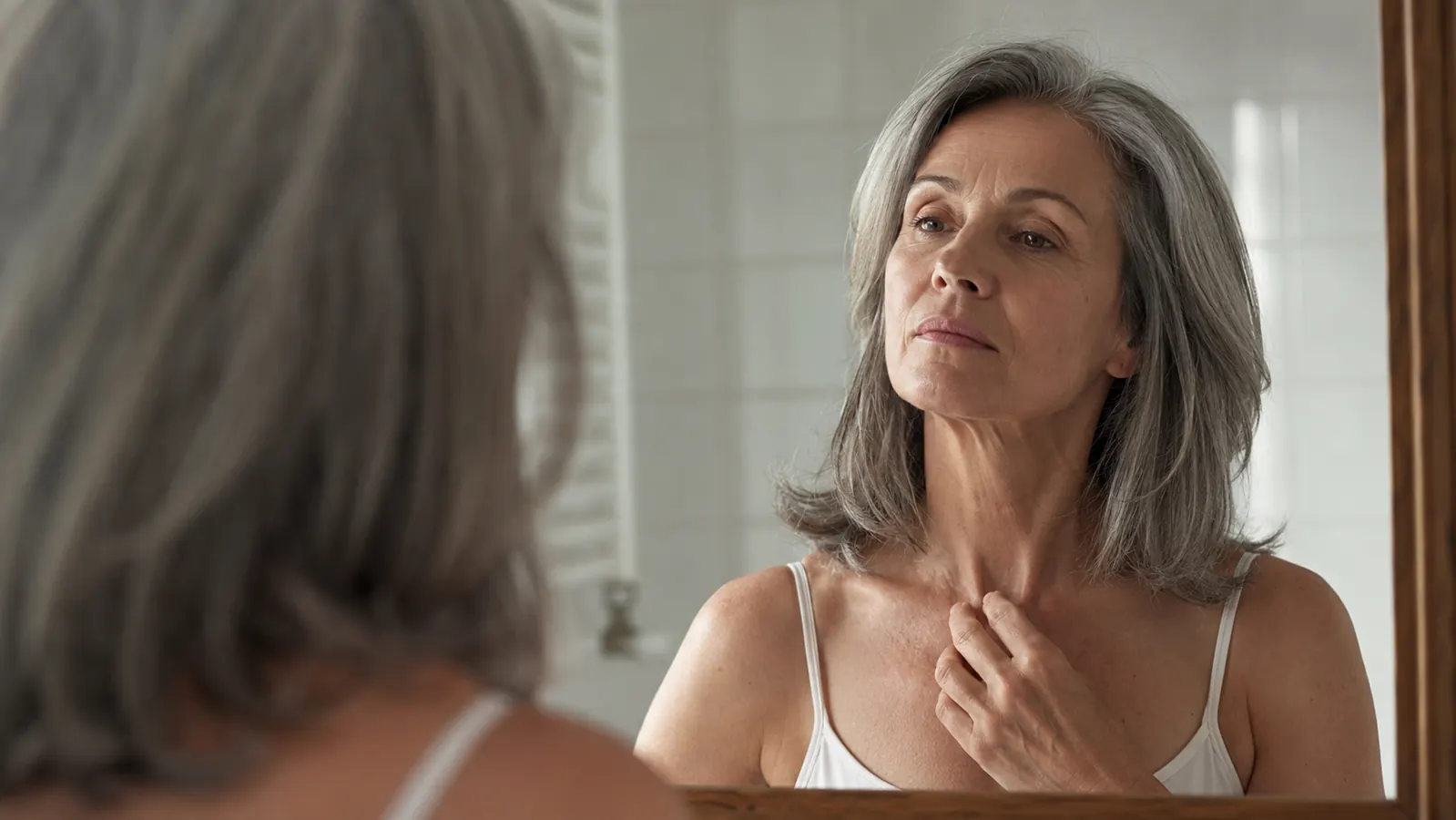 Woman in her 50s looking in a bathroom mirror with a relaxed, thoughtful expression, no product in hand