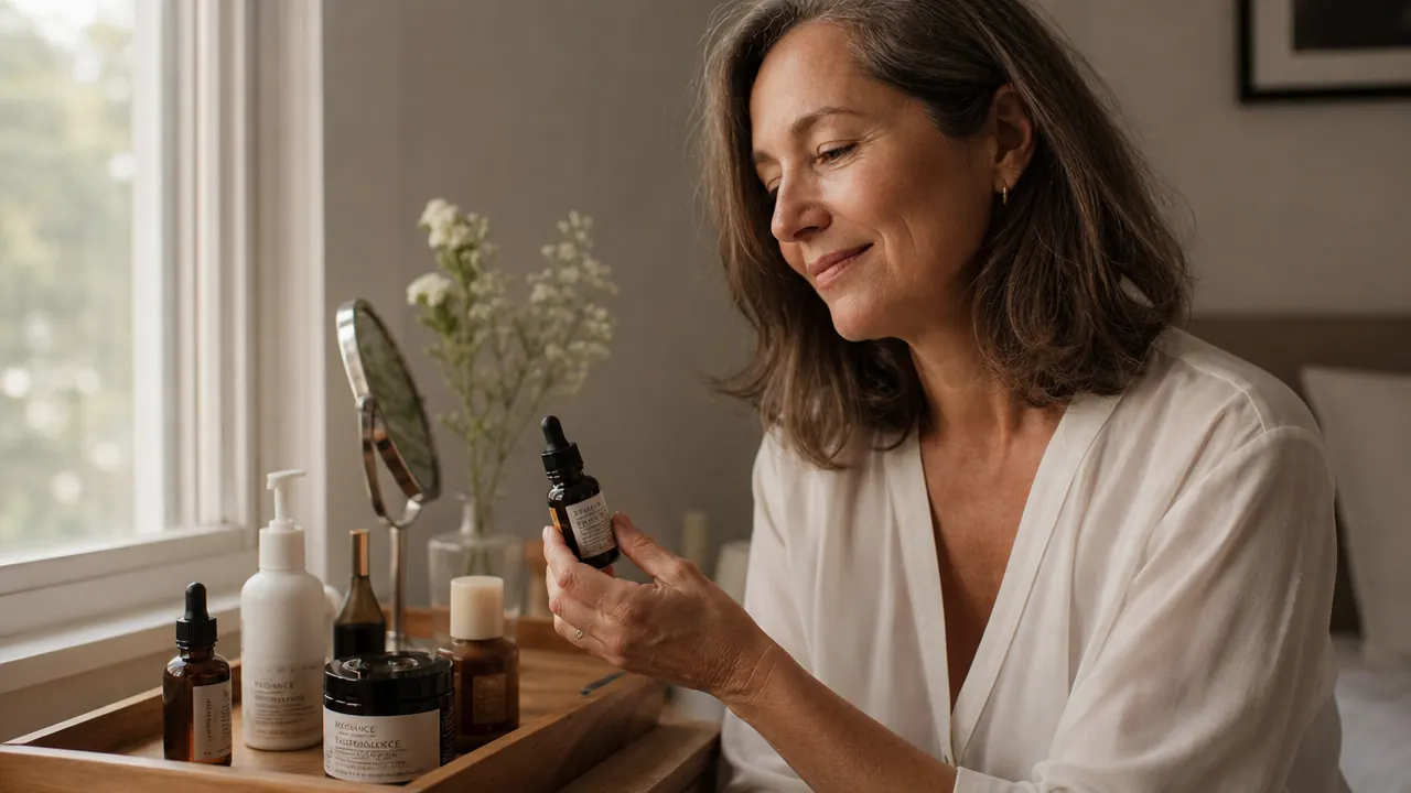 La Roche-Posay vitamin C serum bottle on a wooden vanity tray with other skincare products, soft morning window light