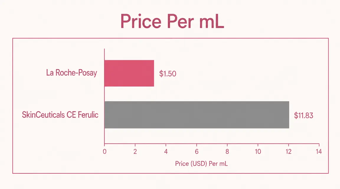 Bar chart comparing price per ounce of La Roche-Posay versus SkinCeuticals vitamin C serums