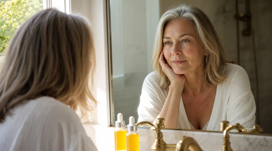 Two vitamin C serums side by side on a white marble bathroom counter in morning light