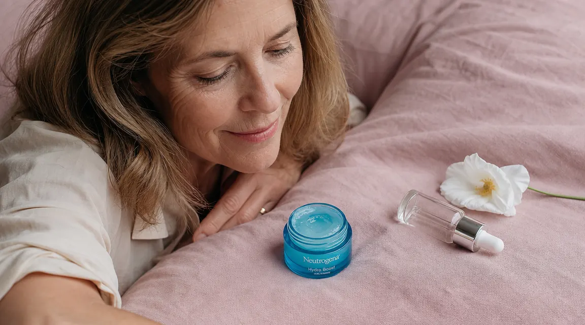 Open jar of Neutrogena Hydro Boost Gel Cream from above, showing the clear gel texture against a blush-pink fabric background