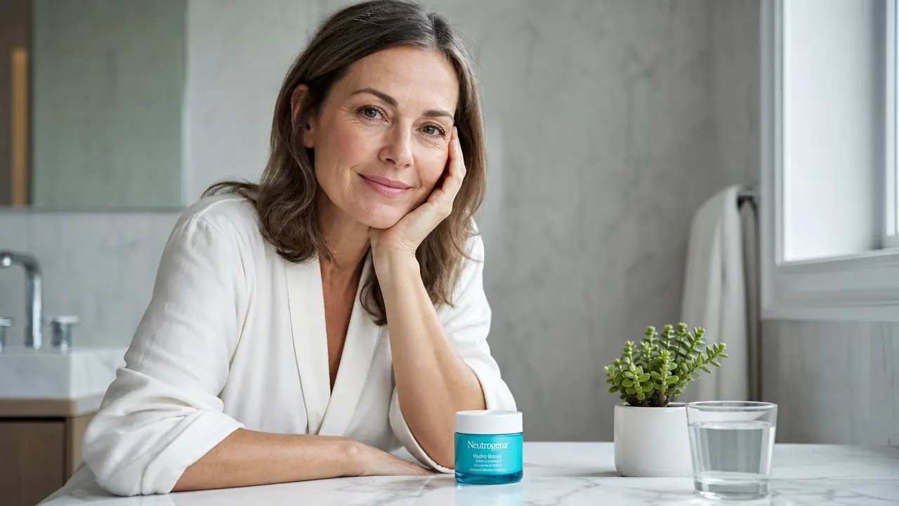 Jar of Neutrogena Hydro Boost Gel Cream on a marble bathroom counter next to a glass of water and a small succulent