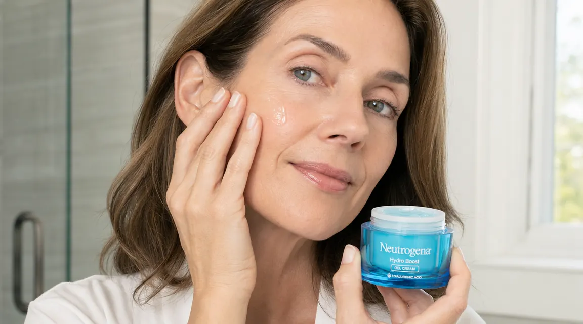 Neutrogena Hydro Boost Gel Cream jar with a woman applying a small amount to her cheek