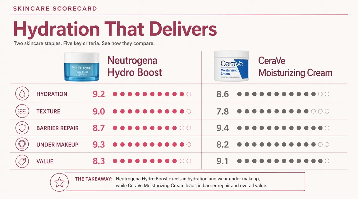 Comparison chart showing hydration, texture, and value scores for Hydro Boost versus CeraVe