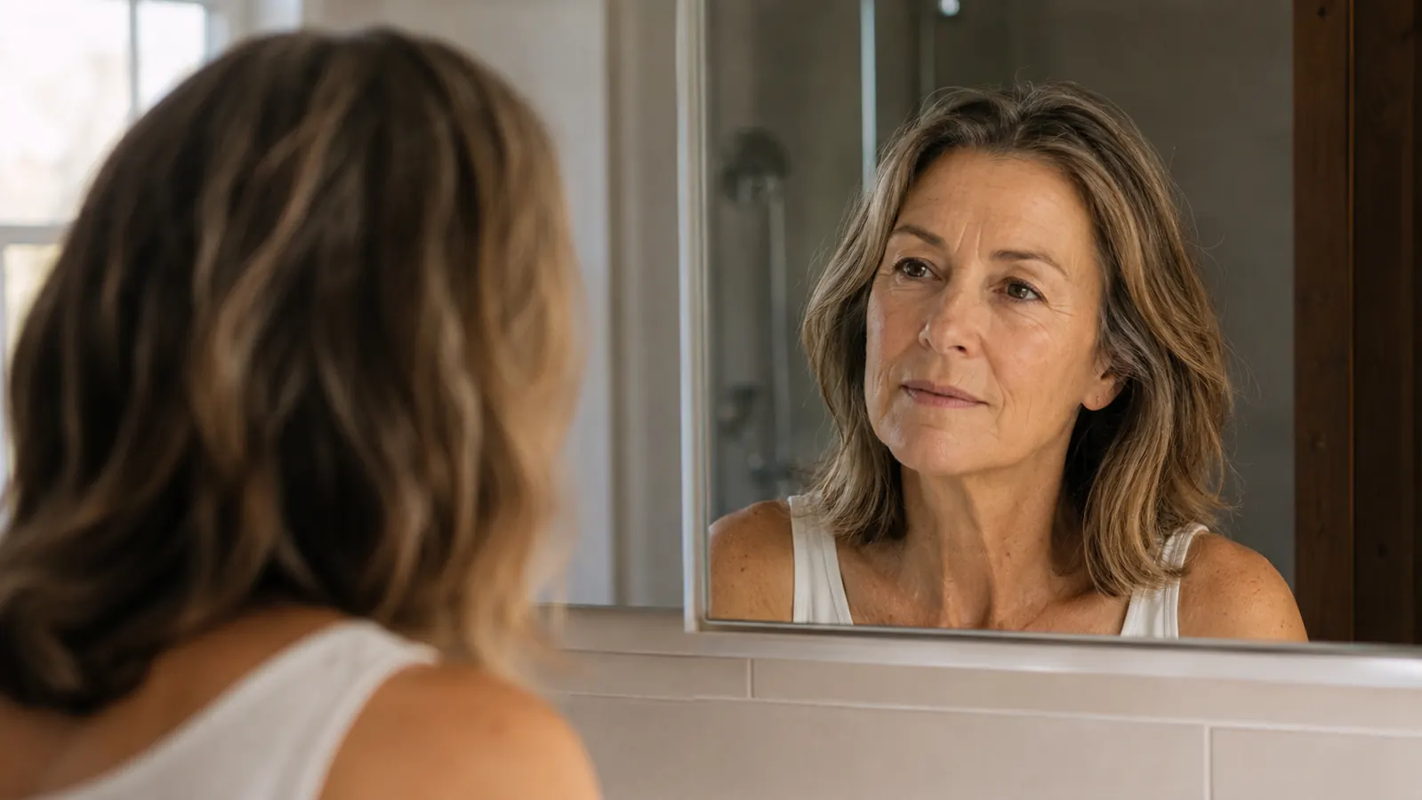 Woman in her 50s looking at her skin in a bathroom mirror, morning light, relaxed expression